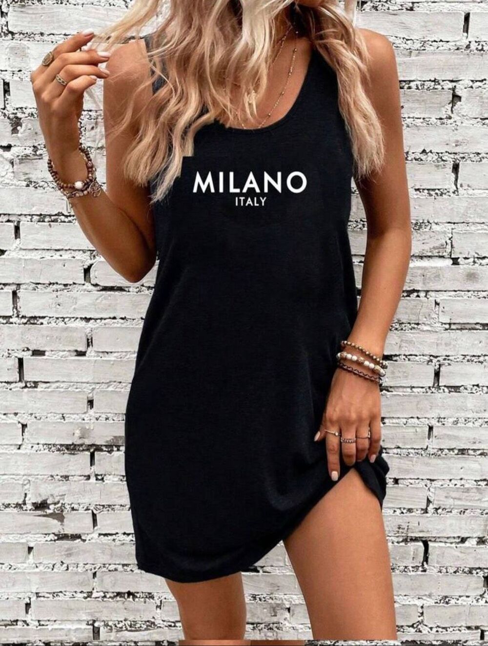 NWT Gorgeous SHEIN XL LUNE Milano Italy Black Graphic Tank Stretch Mini Dress